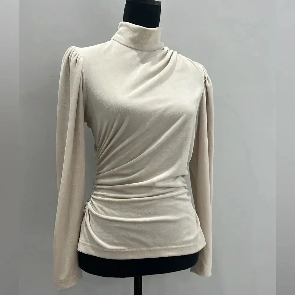 A.C.L Ivory Rice Joss Mock Neck Long Sleeve Velvet Top size 8 - Picture 3 of 11